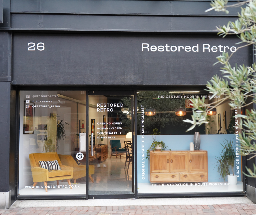 Photograph of shopfront of Restored Retro in Kingland Crescent, Poole, Dorset