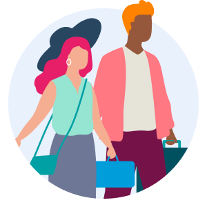 Icon of man and woman walking together carrying bags