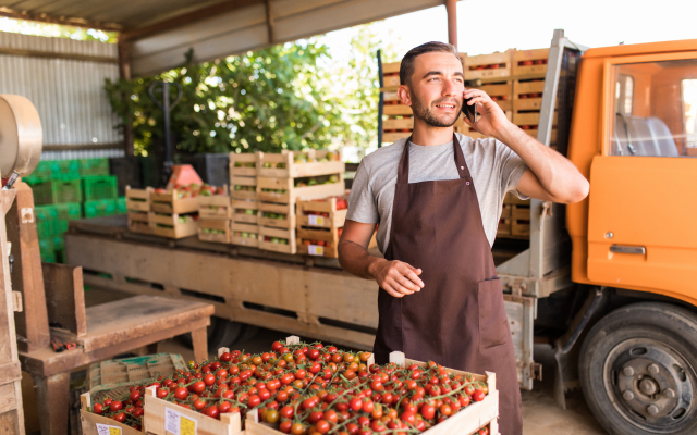 Man on the phone next to stacks of tomatoes