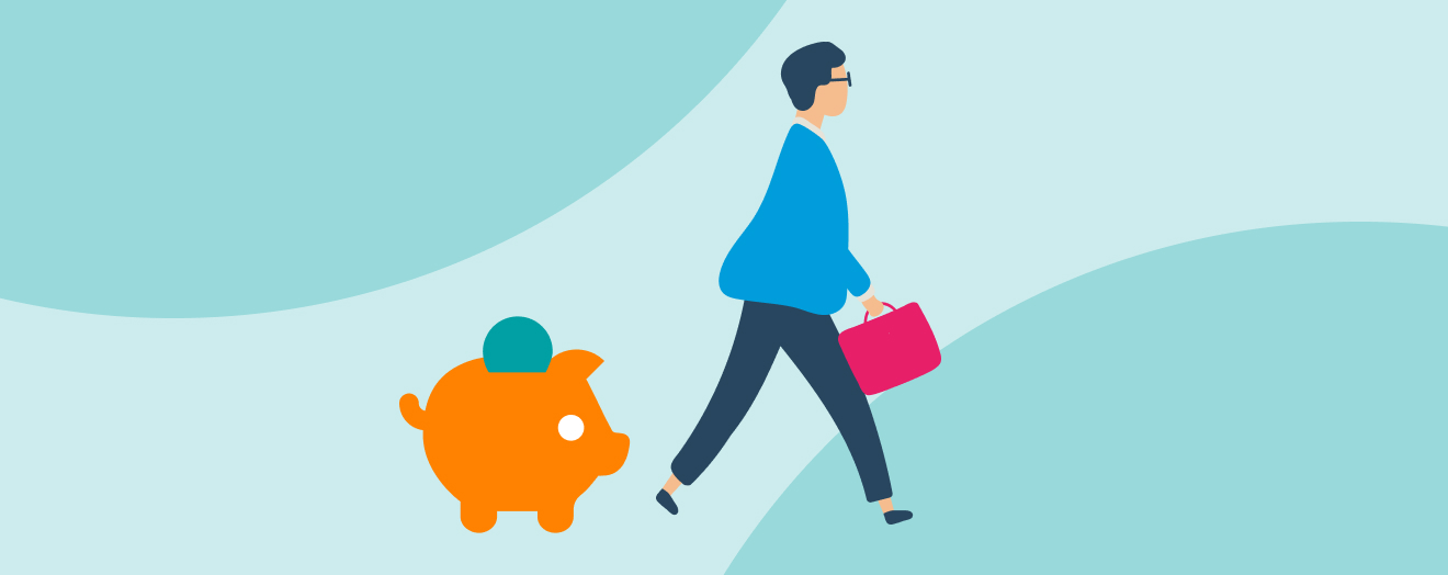 Illustration of person walking , with piggy bank behind them